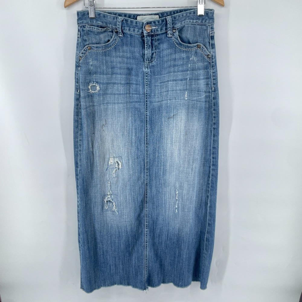 Vtg Distressed Denim Maxi Skirt Size 5/6 Blue‎ Patched Y2K Faded Grunge Festival